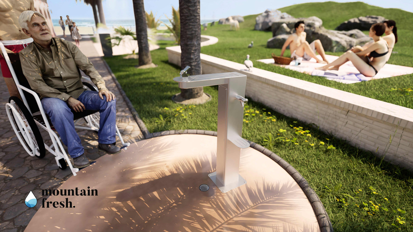 3D render of Mountain Fresh F7F water filtration system showing front panel and filter compartments