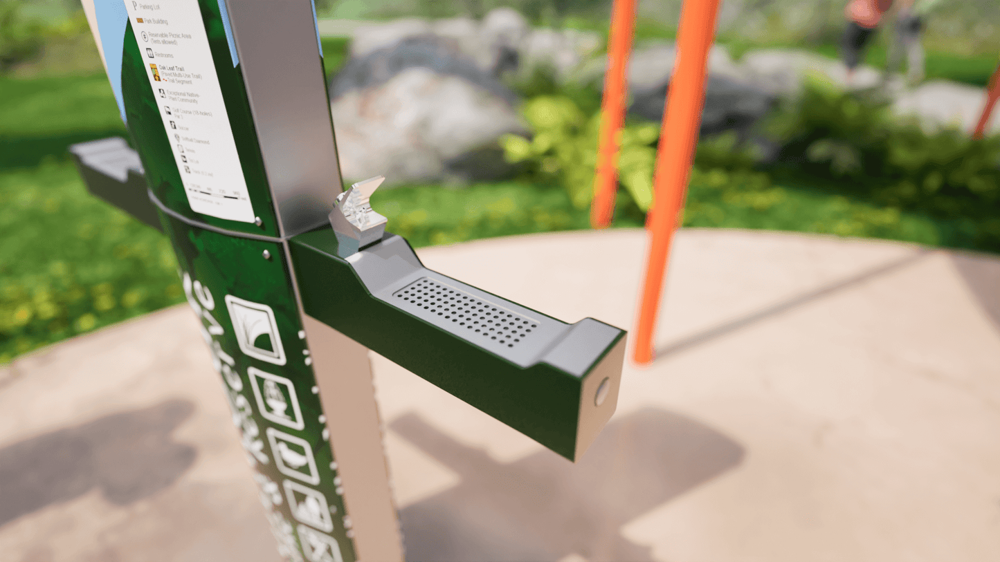 Side profile of a stainless steel drinking fountain highlighting its ergonomic spout and sturdy base