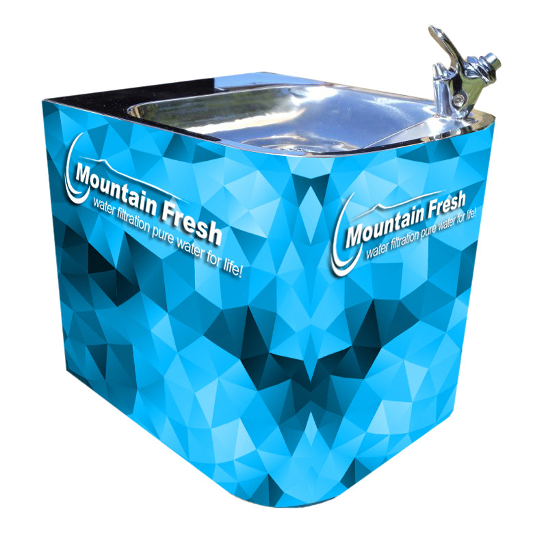 Mountain Fresh custom wrapped drinking fountain featuring branded design, ideal for offices, schools, and public spaces.