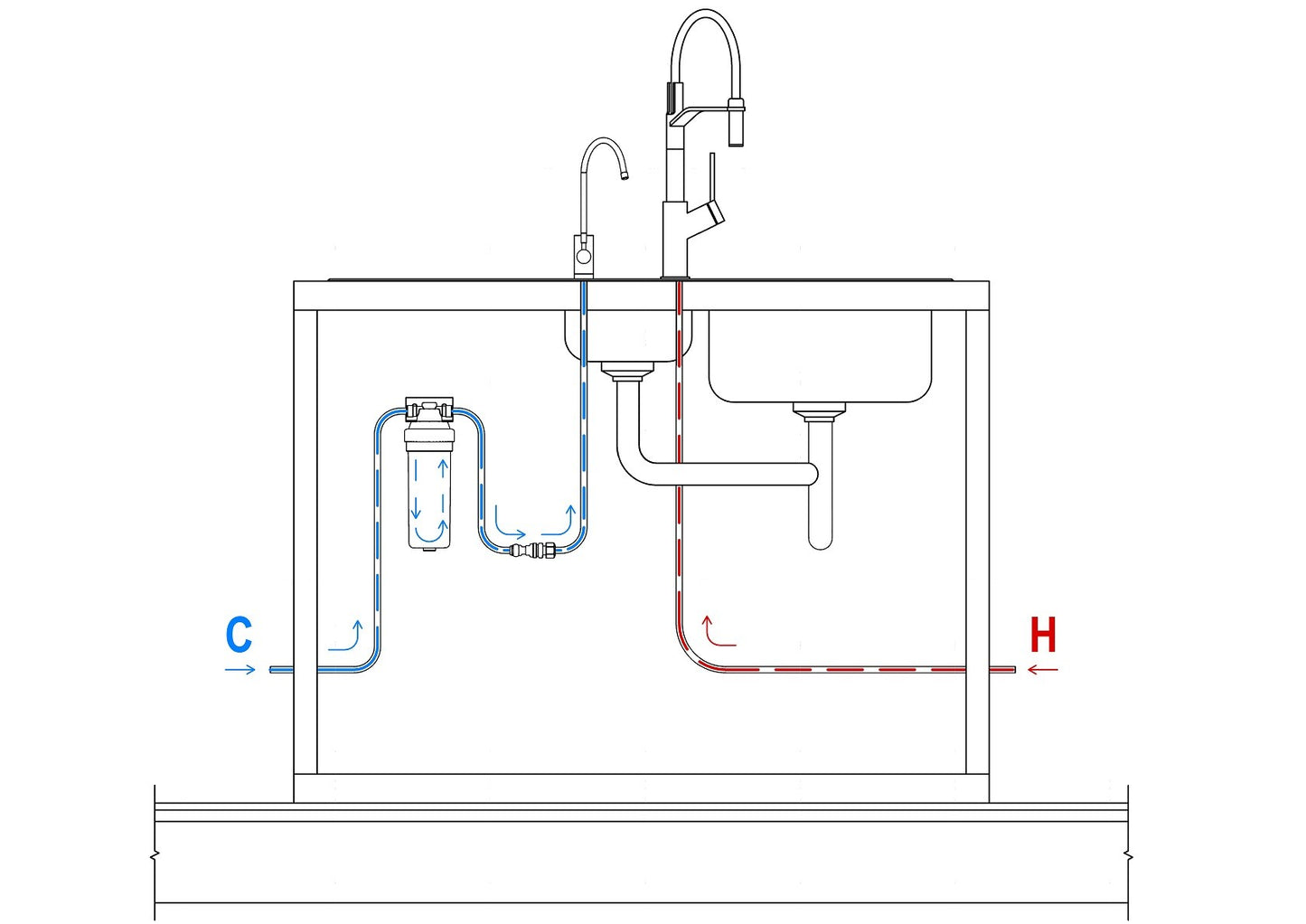 Line drawing of Mountain Fresh Deluxe Quick Change Water Purifier UBQCGN1 showing internal parts and connections