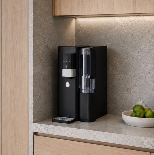 A modern black countertop Reverse Osmosis System with a clear water tank, set on a light stone countertop in a minimalist kitchen with light wood cabinets.