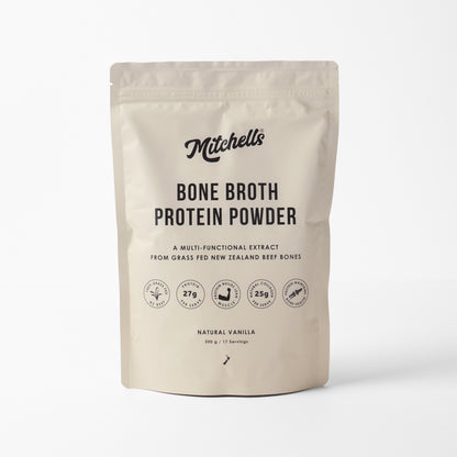 Mitchells Nutrition Bone Broth Protein Powder Vanilla – Standard view of Mitchells Nutrition Bone Broth Protein Powder in vanilla flavor.