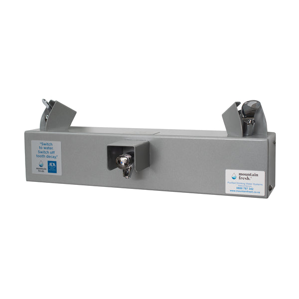 Mountain Fresh Hikurangi drinking fountain in stainless steel with clean water stream for outdoor use.