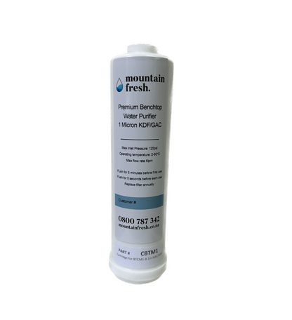 Benchtop carbon KDF water filter by Mountain Fresh for clean, filtered drinking water at home.