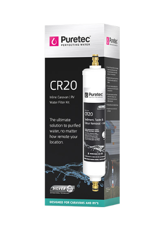 CICRV1 caravan water filter in box packaging highlighting portability and easy installation.