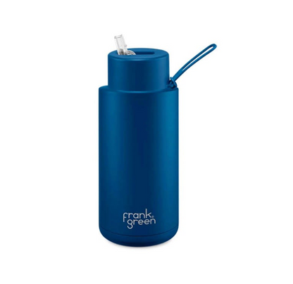 Frank Green 1L green water bottle, product shot on white background showing full shape and lid design.