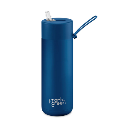 Frank Green 595ml reusable water bottle in green with Mountain Fresh branding, angled view on white background.