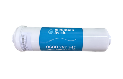 Mountain Fresh Inline Water Filter, white cylindrical filter with connector fittings, designed for inline water purification systems