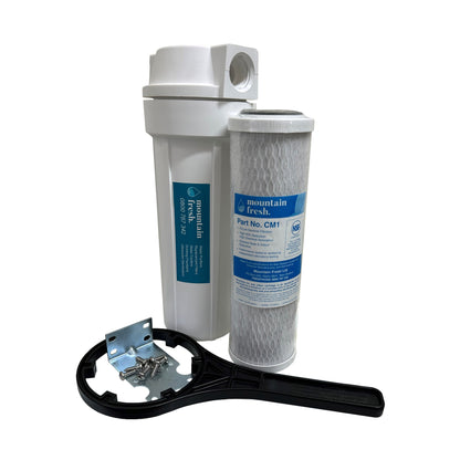 Mountain Fresh Inline Water Purifier HU34 Kit showing installation-ready inline filtration system