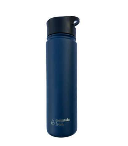Insulated stainless steel drink bottle in dark grey, sleek design keeping drinks hot or cold for hours.