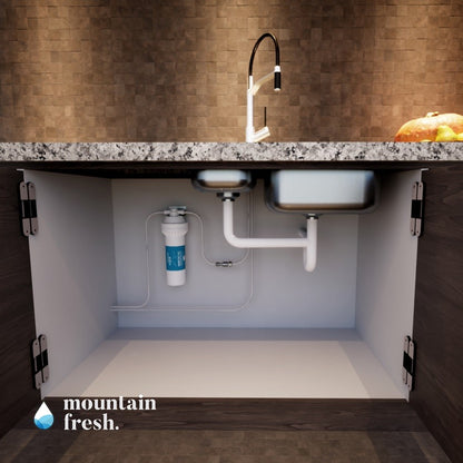 3D rendered image of Mountain Fresh Quick Change Water Purifier Kit QCV1-KDF displaying filter unit and connectors in realistic detail