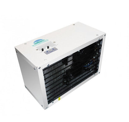 Mountain Fresh Remote Underbench Water Chiller, silver metal unit with black fittings, installed under kitchen counters for chilled water