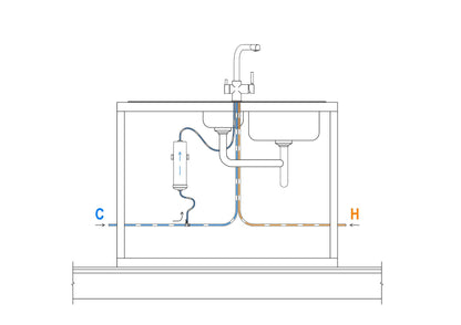Line drawing of Mountain Fresh Tri-Tap A Purifier UBI3A, showing internal filter setup and tap dimensions