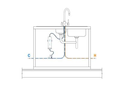 Line drawing of Mountain Fresh Tri-Tap L Water Purifier UBI3L showing tap design and installation components