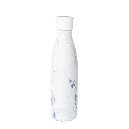 White marble UV-LED drink bottle with self-cleaning technology, stylish insulated water bottle for travel.