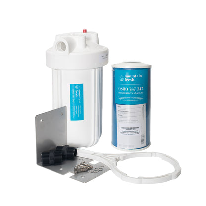 Mountain Fresh Whole House Carbon Filtration kit, black cylindrical filter units connected by metal pipes, designed for home water purification