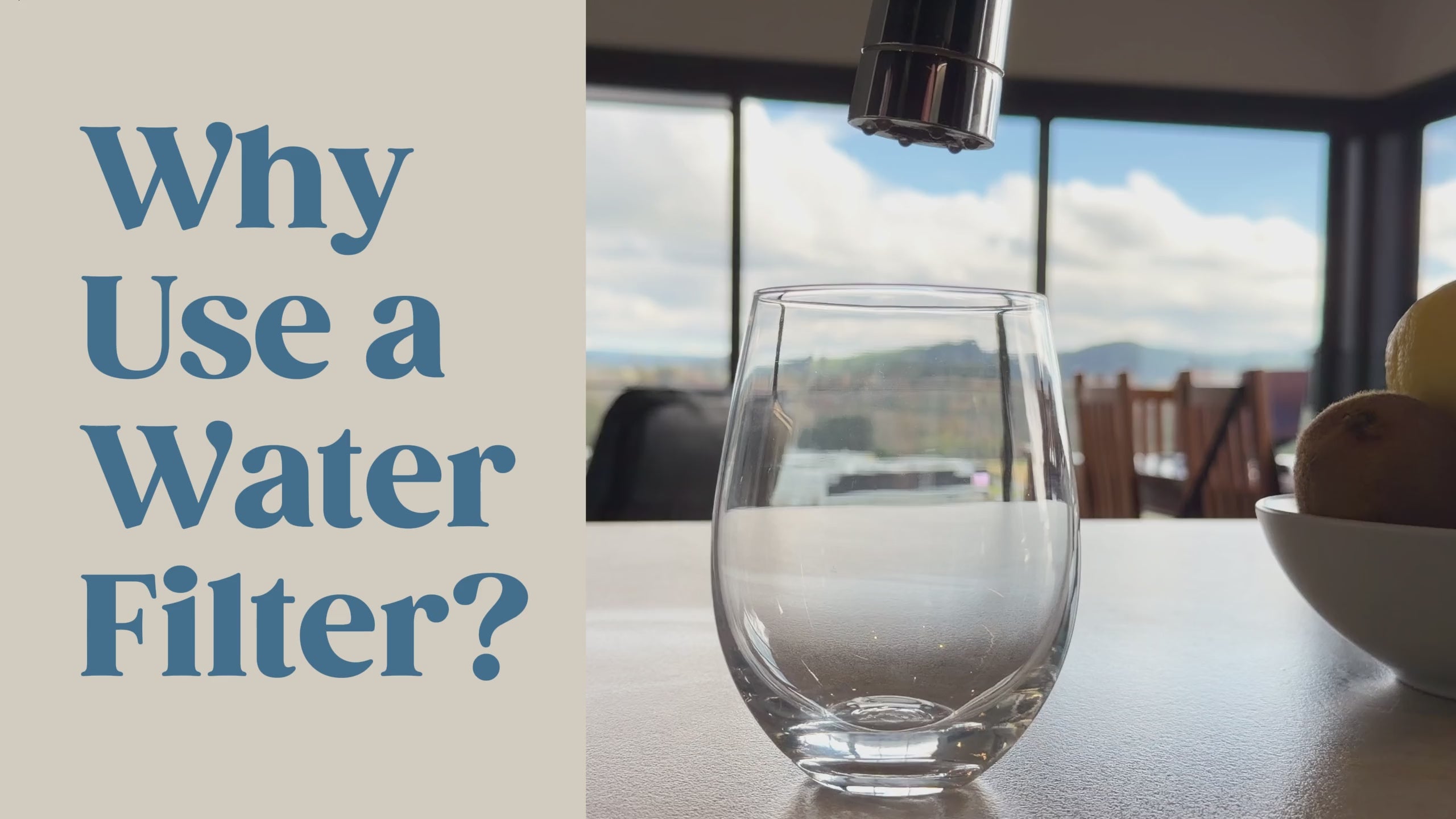 Load video: Video thumbnail showing a clear glass being filled with crisp, filtered water from a modern kitchen tap, with text overlay reading "Why use a water filter?".